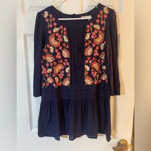 Anthropologie Floreat Navy Embroidered Rayon Top